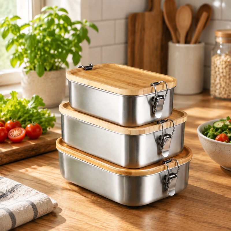 Food Storage Stainless Steel Containers - 耐久性のある304ステンレス製ランチボックス、竹製の蓋付き、和風の食品保存容器