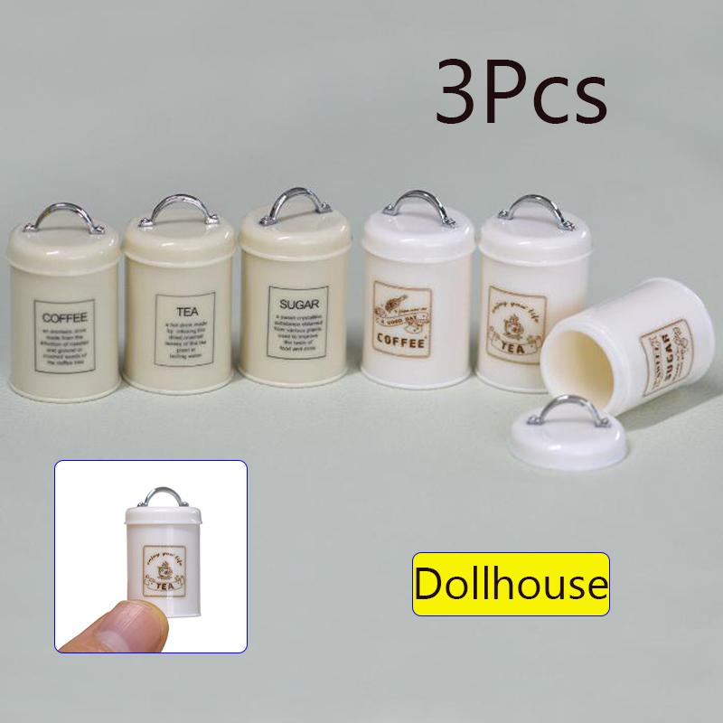Food Storage And - 3 個ミニチュアドールハウスミニ食品/紅茶/コーヒー缶ラウンド収納ボトルモデル人形シーン装飾アクセサリー