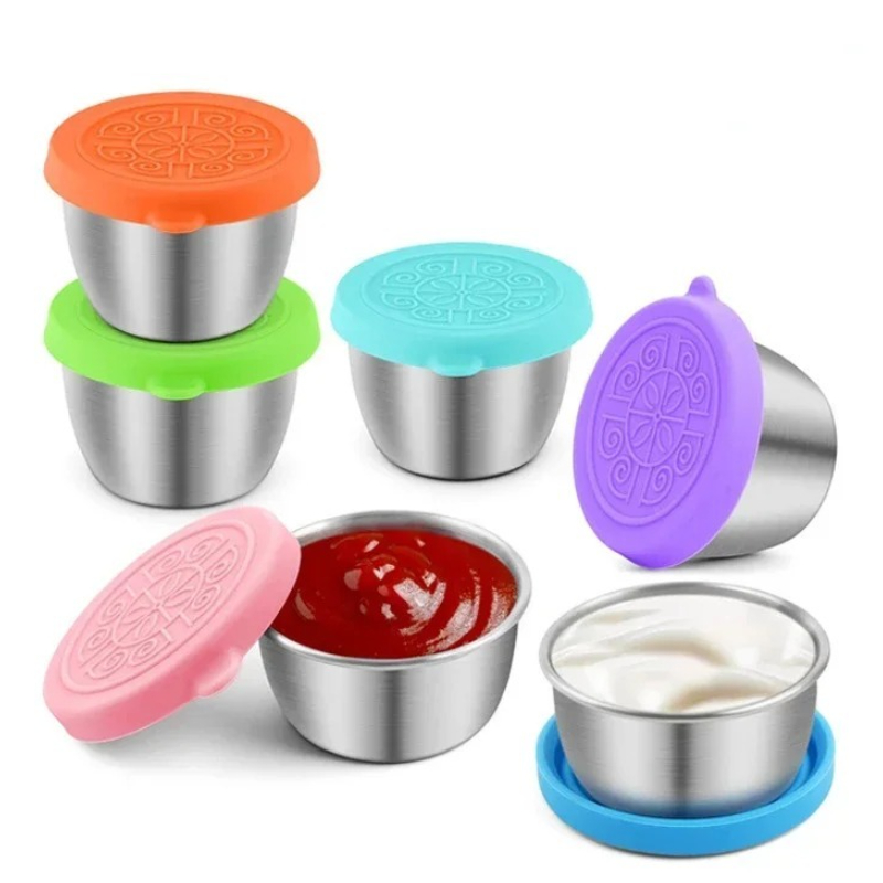 Silicone Stretch Lid - 6個/セット 304ステンレス鋼製ディップソースカップ 食品容器 再利用可能なサラダドレッシング容器 シリコンストレッチ蓋付き 液漏れ防止