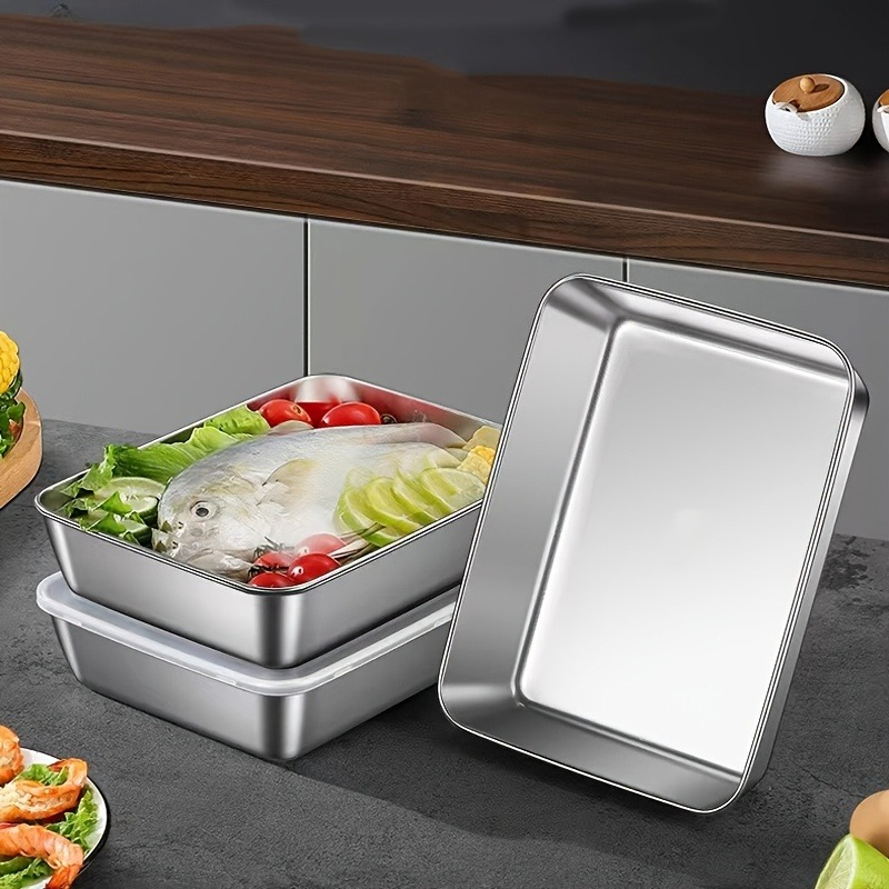 Food Storage Stainless Steel Containers - 3/6個入り ステンレス製 長方形食品保存容器 蓋付き 厚手ランチボックス容器 正方形プレート