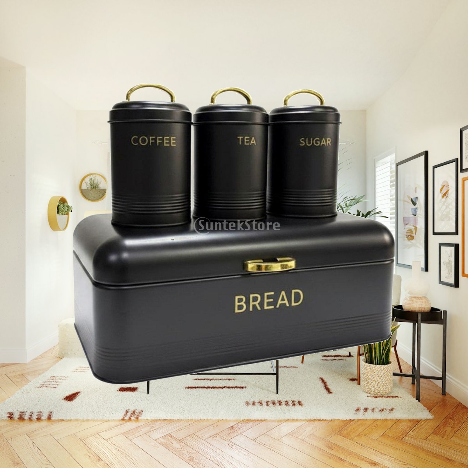 Food Storage Kitchen Container Set - キッチンカウンター用の密閉式パン保存容器、食品整理用、金属製のコーヒー、紅茶、砂糖の収納セット