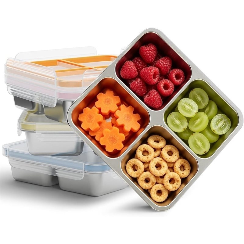 Food Storage Stainless Steel Containers - GIGI 4パック ステンレススチール製スナック容器、蓋付き4コンパートメントメタルスナック容器、コンパクト食品保存容器