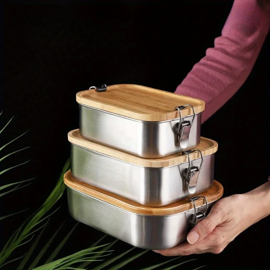 Food Storage Underground - 新しい304ステンレス製竹製蓋付きランチボックス、和風蓋付き保存容器、ランチボックス、食品保存容器