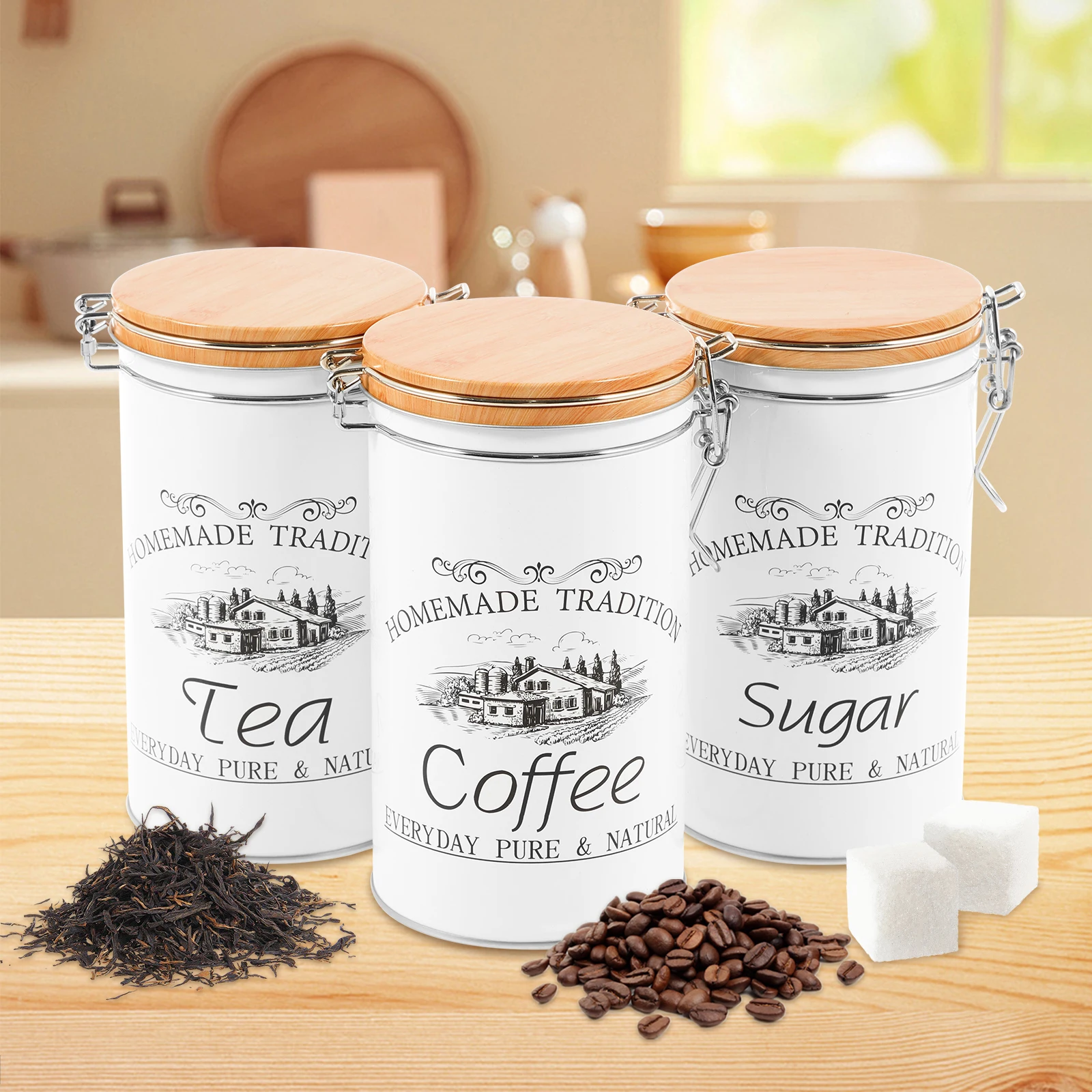 Food Storage Kitchen Container Set - 3個セット 茶葉・コーヒー・砂糖用キャニスター 金属製コーヒー豆保存容器 多用途茶葉・コーヒー・砂糖容器 キッチン食品用品
