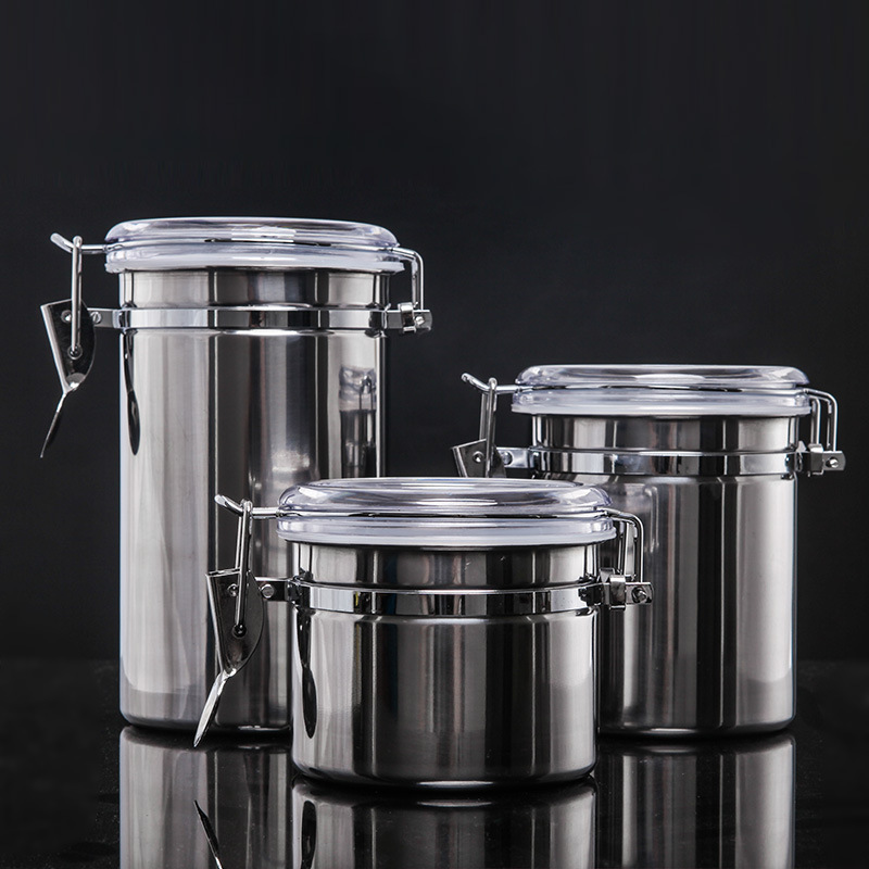 Food Storage Stainless Steel Containers - 湿度計付きのステンレス製密閉容器。コーヒー豆、お茶、穀物、ナッツなどを保存するための、様々なサイズの食品保存容器。