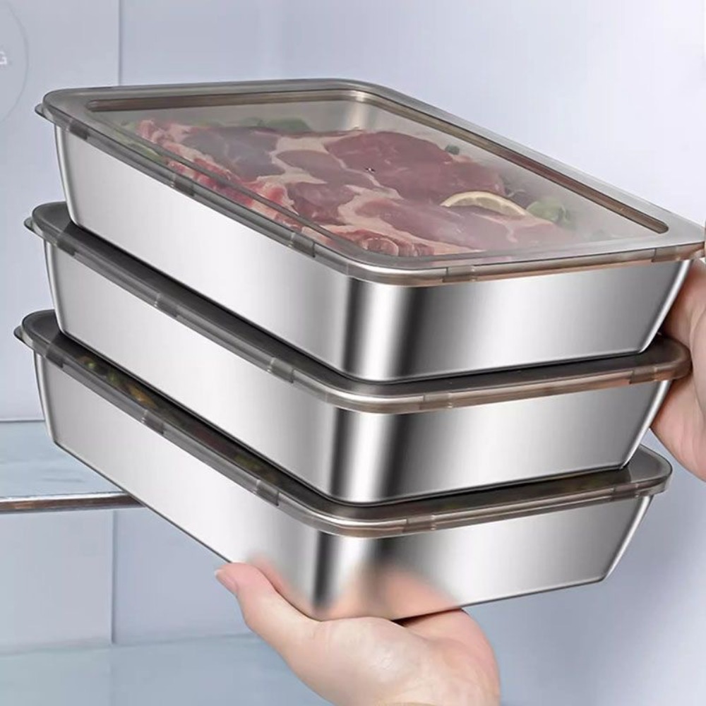 Food Storage Stainless Steel Containers - 食品グレードのステンレス製サービングトレイ（蓋付き）、多目的な正方形収納容器、密閉型キッチンフードパン（カバー付き）