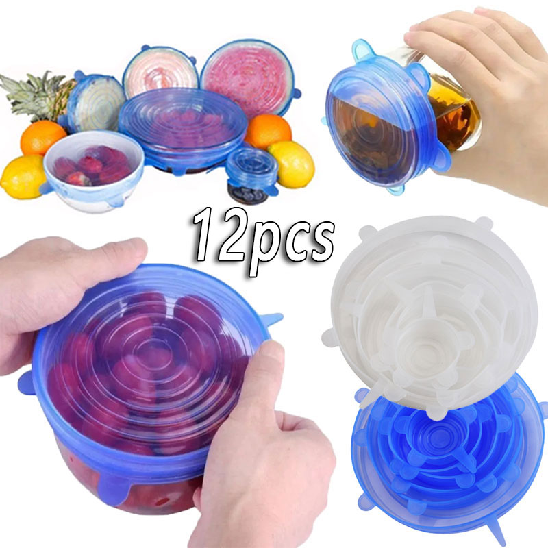 Silicone Stretch Lid - 6/12個入り食品グレードシリコン保存カバー、再利用可能な気密食品用ユニバーサルディッシュストレッチラウンド蓋、キッチンアクセサリー用