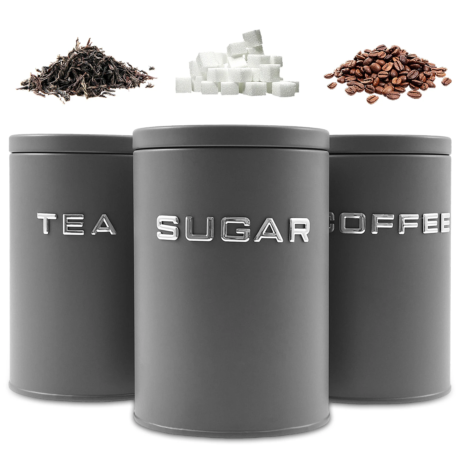 Food Storage Jars With Lids - 3個セット 茶葉・コーヒー・砂糖用キャニスター 金属製丸型キッチン容器 密閉蓋付き 防湿 コーヒー豆保存容器