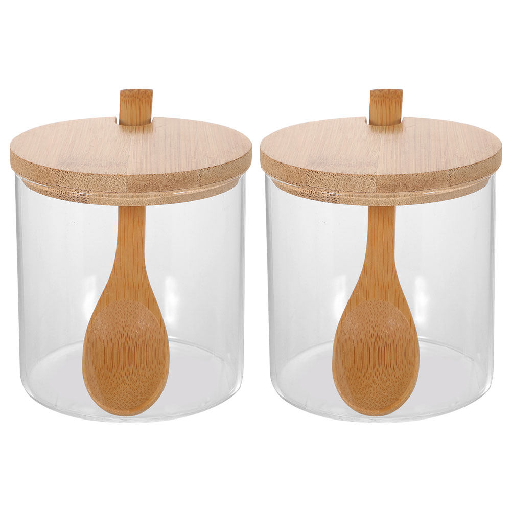 Food Storage Kitchen Container Set - 透明なガラス製の調味料入れ2個セット。竹製の蓋とスプーン付き。食品グレードの塩、砂糖、スパイスなどを保管できる、キッチン用の調味料入れセット。