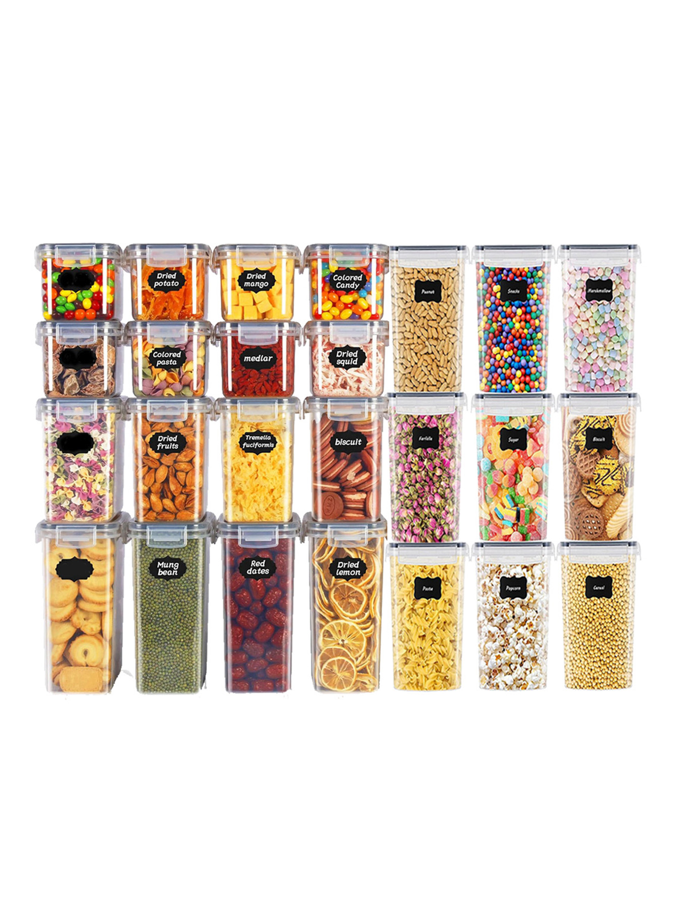 Food Storage Jars With Lids - 48個入り、蓋付き密封食品保存容器、プラスチック製キッチンパントリー、乳糖、穀物、小麦粉、砂糖用の乾物保存瓶、ラベル付き