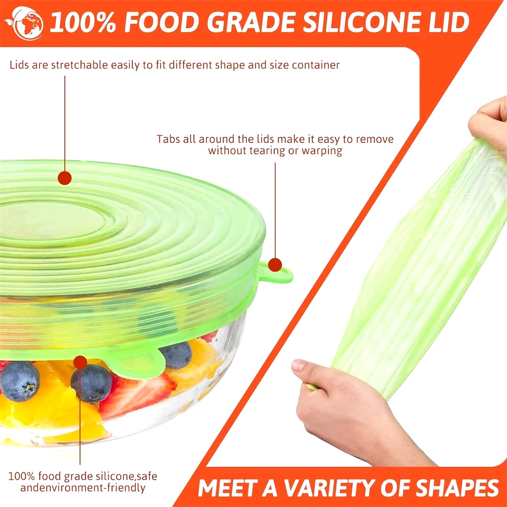 6個入り食品グレードシリコン保存カバー、再利用可能な気密食品 - Silicone Stretch Lid のレビューと価格
