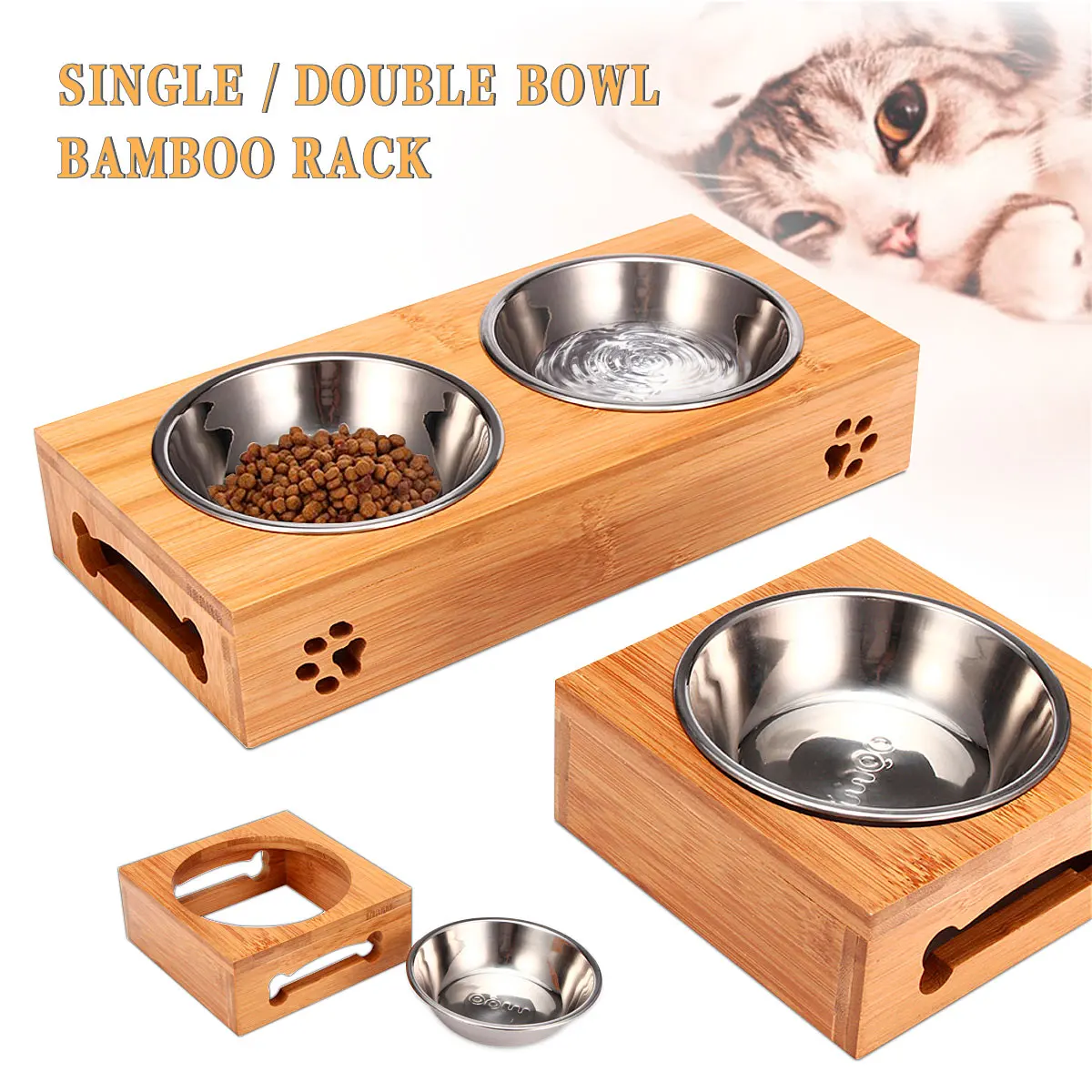 ペット用猫ボウル、クマ型竹製プレート、ダブルボウル、天然素材 - Food Storage Food Safety のレビューと価格
