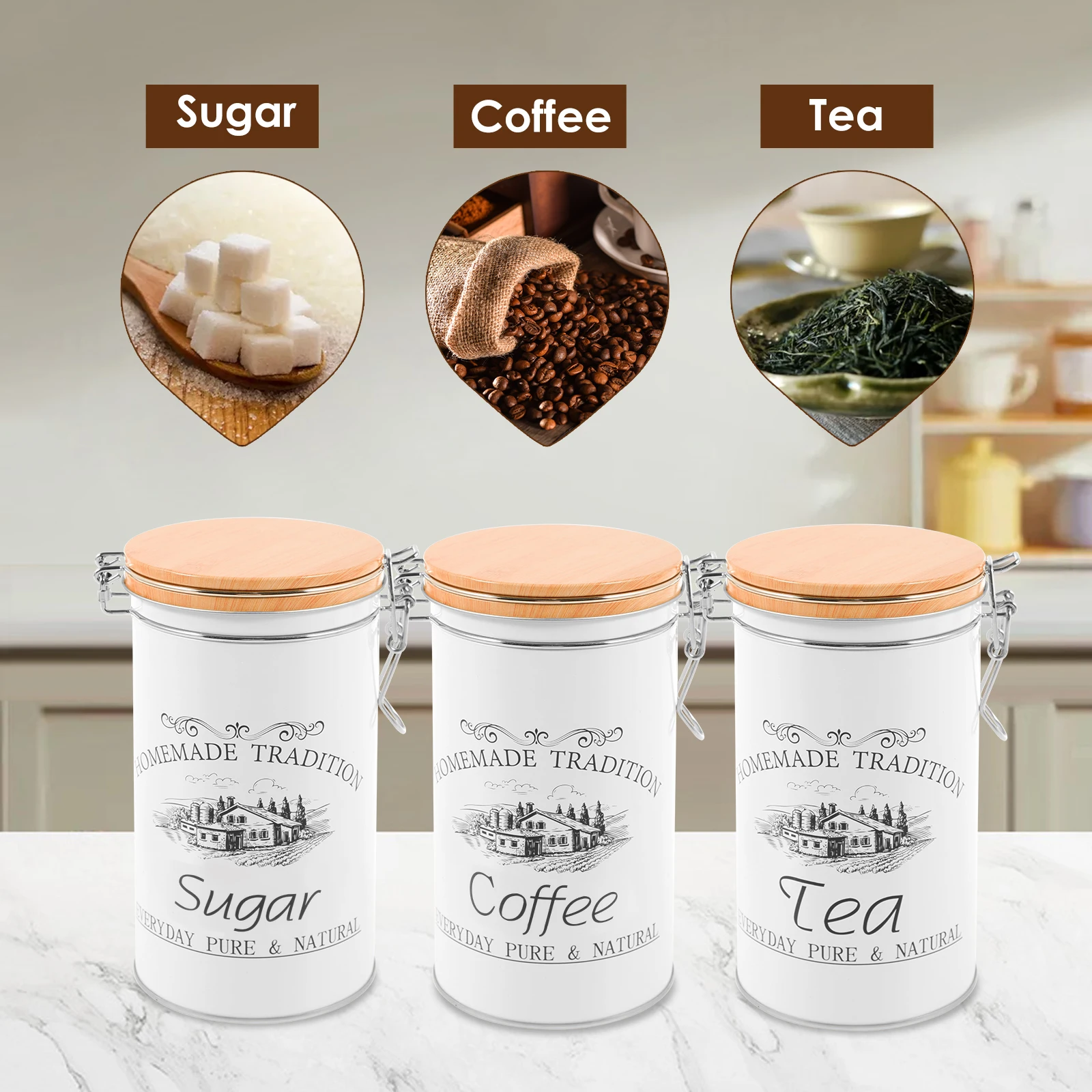3個セット 茶葉・コーヒー・砂糖用キャニスター 金属製コーヒ - Food Storage Kitchen Container Set のレビューと価格