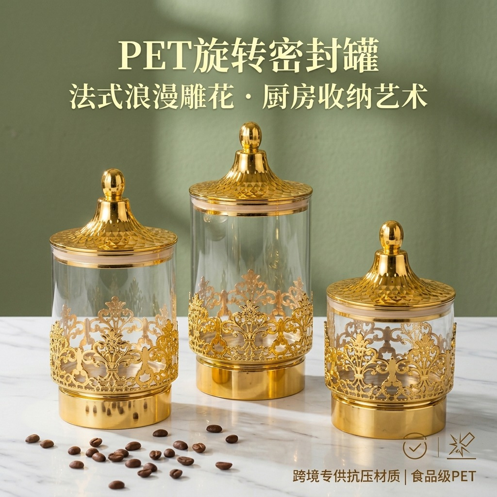 ヨーロッパの透明な金メッキ回転式密閉缶スナック茶葉収納タンク - Food Storage Room のレビューと価格