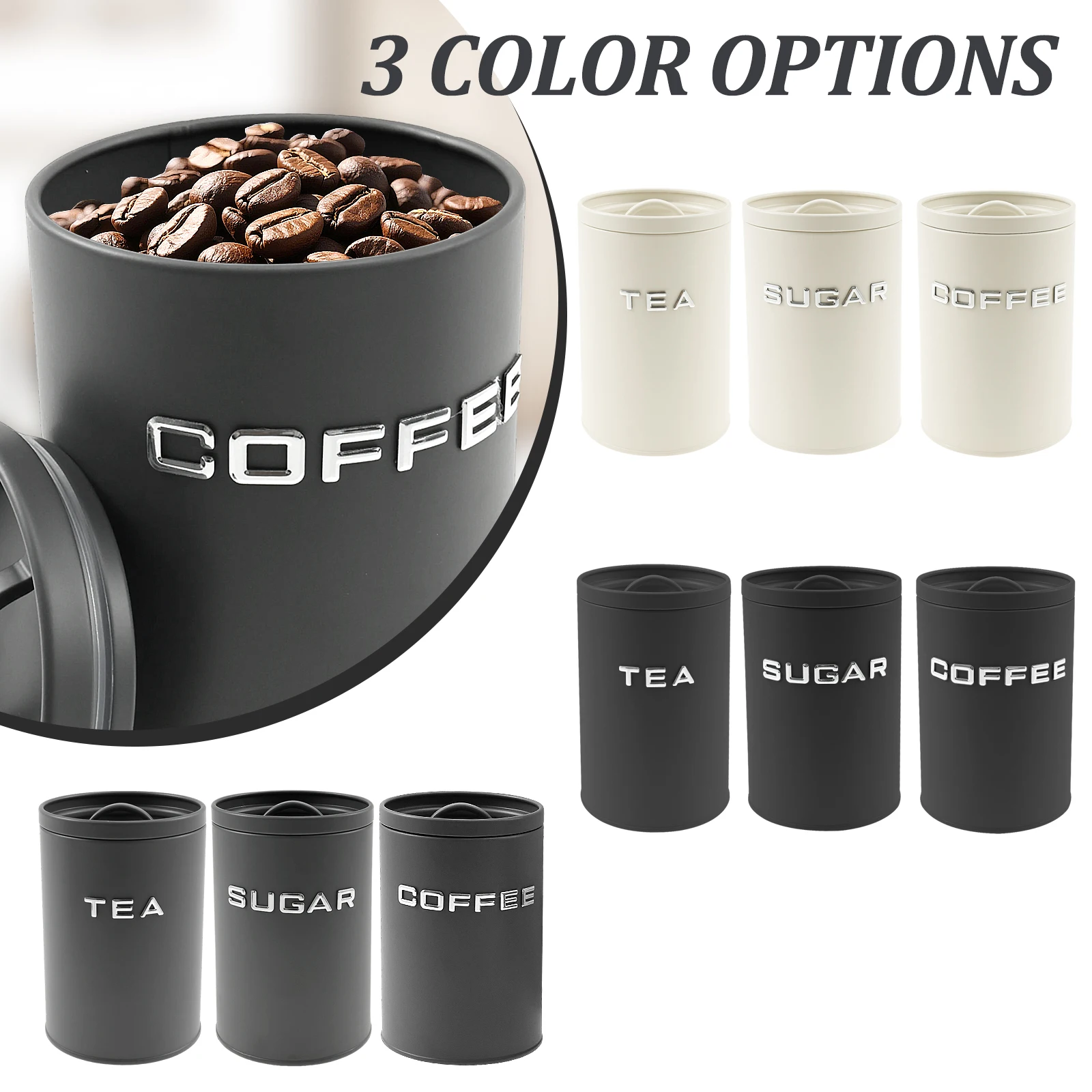3個セット 茶葉・コーヒー・砂糖用キャニスター 金属製丸型キ - Food Storage Jars With Lids のレビューと価格
