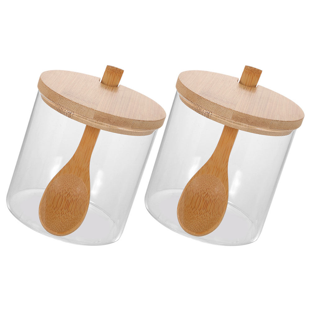 透明なガラス製の調味料入れ2個セット。竹製の蓋とスプーン付き - Food Storage Kitchen Container Set のレビューと価格