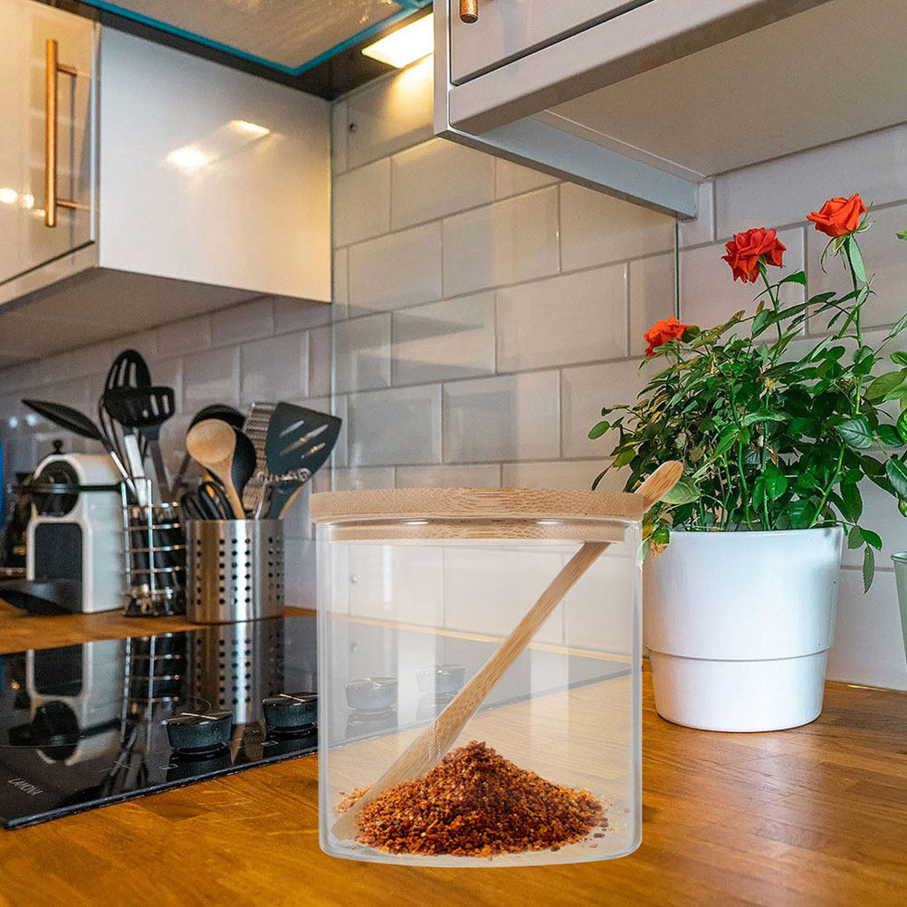 透明なガラス製の調味料入れ2個セット。竹製の蓋とスプーン付き - Food Storage Kitchen Container Set のレビューと価格